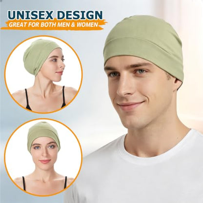 Headshion 100% Cotton Skull Caps Beanie Sleeping Hats for Men Women - color: Olive Green & Sage Green