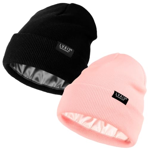 2 Pack Satin Lined Beanies for Men and Women Warm Cuffed Winter Hats - color: Black+pink
