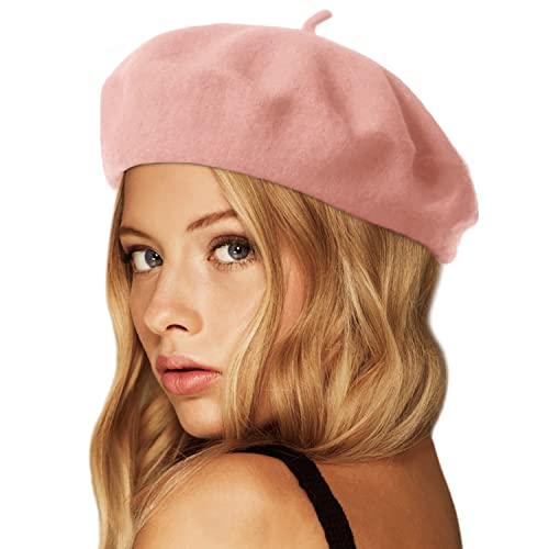 Wheebo Wool Beret Hat,Solid Color French Style Winter Warm Cap for Women Girls Lady - color: Pink