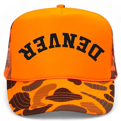 Denver Upside Down Reversed Vintage Trucker Hat | Premium Adjustable Snapback Baseball Hat for Men & Women - color: Orange Camo Foam Mesh Back