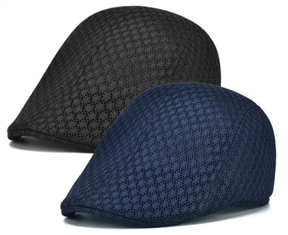 2 Pack Teenagers' Mesh Cap Breathable Summer Newsboy Hat Adjustable Beret Ivy Cap Irish Riding Hiking Hats - color: Black/Navy