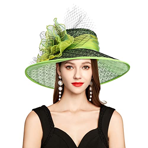 2026 Derby Hats for Women Ladies, Classy Organza Sun Hat, Church Tea Party Wedding Kentucky Fascinator Hat - color: B4215-green