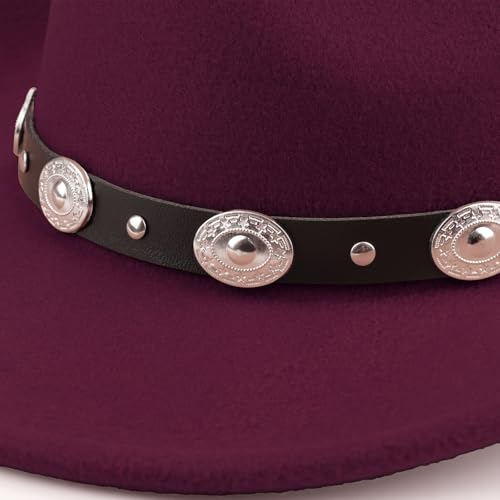DRESHOW Women Men Classic Felt Wide Brim Western Cowboy & Cowgirl Cap Belt Buckle Retro Panama Hat Unisex Rolled up Caps - color: 1 Pack Style 1: Burgundy (Hat Circumference: 22-22.8")