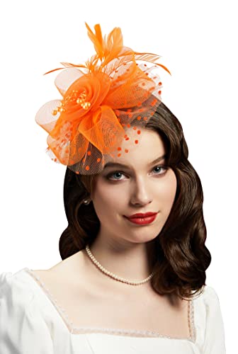 Fascinators Hat for Women Tea Party Headband Kentucky Derby Wedding Flower Cocktail Mesh Feathers Hair Clip - color: 1-orange