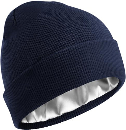 Satin Lined Beanie for Women Men, Cotton Knit Winter Beanies Hat - color: Navy Blue