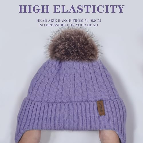 FENELY Women's Knitted Warm Beanie Winter Hat, Warm Chunky Snow Hat with Pompom - color: Purple