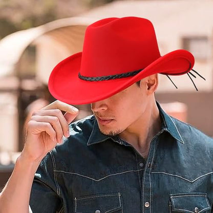 DRESHOW Western Cowboy Hat for Men Women Cowboy Cowgirl Hat Outdoor Wide Brim Retro Felt Fedora Hats Unisex Rolled up Caps - color: 1 Pack Style 8: Red