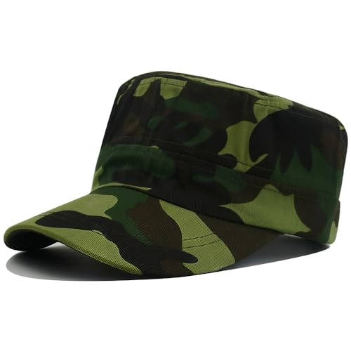 Cadet Army Cap for Men Women Military Adjustable Unisex Flat Top Hat - color: Camo Green