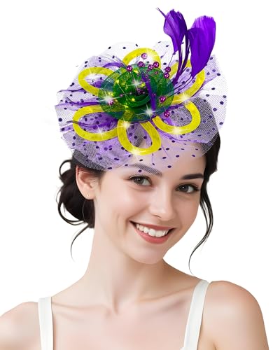 Women Fascinator Hats LED Light Up Headband for Tea Party Halloween Night Headwear Christmas Mardi Gras - color: Yellow Green Purple
