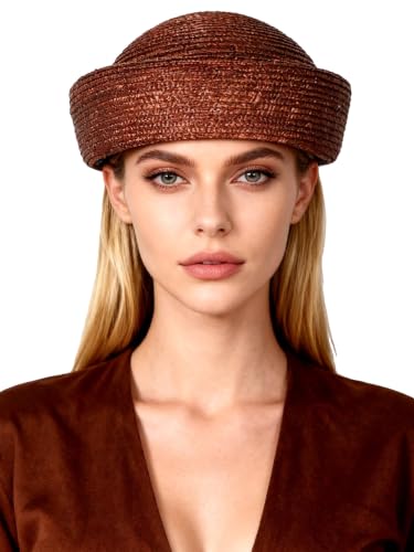 Straw Pillbox Hats for Women Ladies Vintage Wedding Formal Church Tea Party Cocktail Hat - color: Brown
