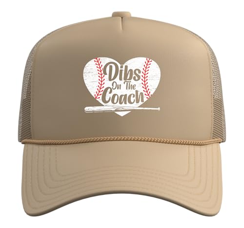 Dibs On The Coach Baseball Player Sport Lover Bat and Ball Trucker Hat with Adjustable Mesh Back - color: Khaki
