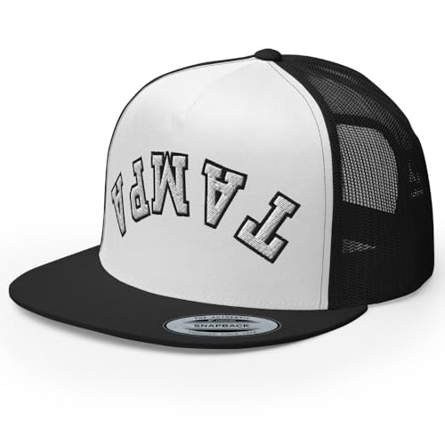 NX Upside Down Tampa Embroidered Flat Bill Trucker Hat High Crown Snapback Cap - color: Black/ White/ Black