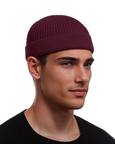 vidsel Thin Wool Fisherman Beanie for Men Short Knit Cuff Trawler Watch Hat - color: 1pcs-wine Red