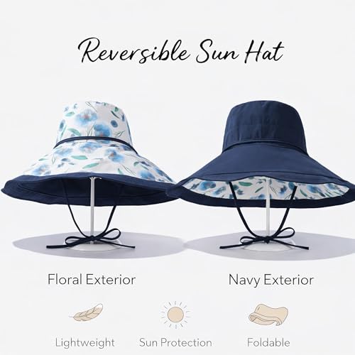 Wide Brim Sun Hat for Women Reversible Beach Hats Metal Wired Edge Gardening Hats, UPF 50+ Bucket Summer Hat - color: Navy