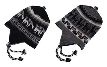 Alpaca Wool Blend Winter Hat Chullo Inca Peruvian Design Reversible with Earflaps. Beanie Medium Size. Unisex - color: Black/Dark Gray