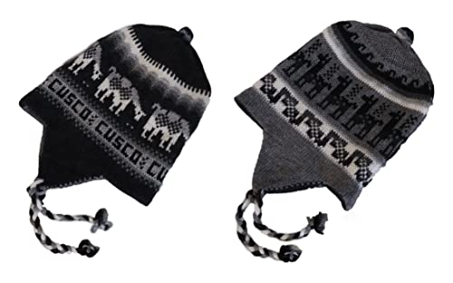 Alpaca Wool Blend Winter Hat Chullo Inca Peruvian Design Reversible with Earflaps. Beanie Medium Size. Unisex - color: Black/Dark Gray