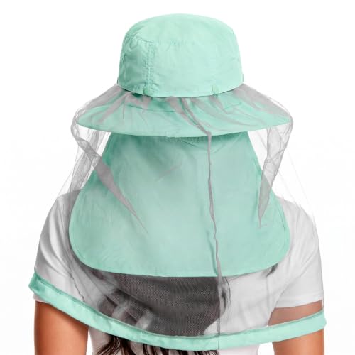 BASSDASH UPF 50+ Mosquito Sun Hat with Hidden Head Net and Neck Flap for Men Women Outdoor Fishing Hiking Camping - color: Pastel Teal