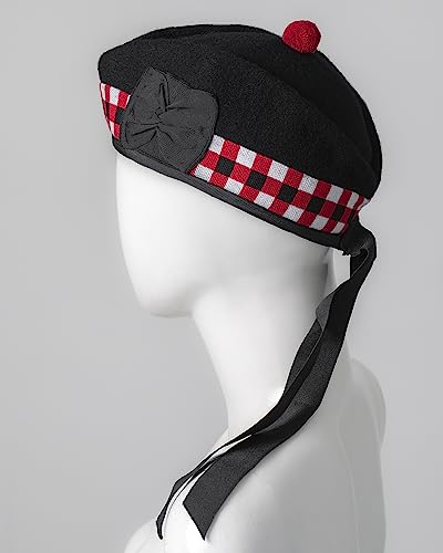 Glengarry Cap-Traditional Scottish Hat,100% Wool, Acrylic Wool Tartan,Kilts/Bagpipes Accessories,Polyester Cotton Ribbon - color: Black & Red Diced, size: 6 1/2