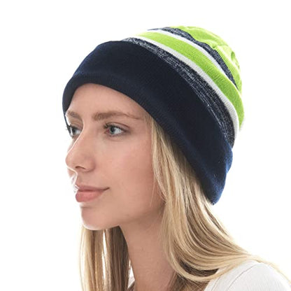 Winter Knit Beanie Hat with Pom Pom – Warm Cuffed Slouch Ski Cap for Men & Women - color: 2.navy and Lime