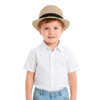 Kids Fedora Hat Panama Trilby Hat Sun Straw Hats Jazz Short Brim Roll Up Summer Beach Cap for Boys Girls 2-7 Years - color: Beige