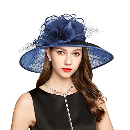 2026 Derby Hats for Women Ladies, Classy Organza Sun Hat, Church Tea Party Wedding Kentucky Fascinator Hat - color: B4215-dark Blue