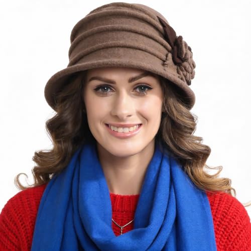 Vintage Women Floral Wool Dress Cloche Winter Hat 1920s - color: C020-d-brown
