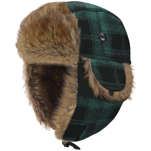 Kids Winter Trappers Hat Toddler Outdoor Windproof Ushanka Ski Cap Ear Flap Chin Strap Snow Hat for 3-8Y - color: Plaid Green, size: Large