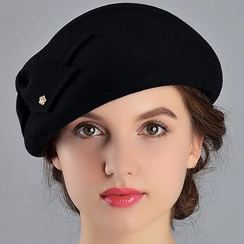 Women Vintage Bowknot Berets with Beading Autumn Winter French Artist Hat Painter Hats Female Bowler Hat Warm Cap - color: Black