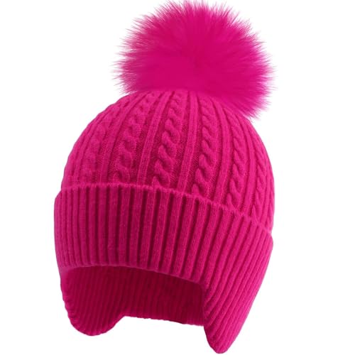 Toddler Earflap Beanie Hat with Rainbow Pom for Little Girls Knitted Beanies Kids Winter Skiing Caps Age 3-8 - color: Hot Pink