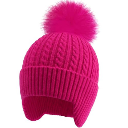 Toddler Earflap Beanie Hat with Rainbow Pom for Little Girls Knitted Beanies Kids Winter Skiing Caps Age 3-8 - color: Hot Pink