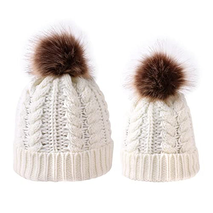 2PCS Parent-Child Knit Hat Family Matching Winter Warmer Hat Mother & Baby Crochet Beanie Ski Cap with Pom - color: White