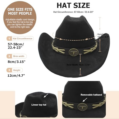 Western Cowboy Hat for Women Men with Band Wide Brim Suede Cowboy Cowgirl Hat Western Style Hat - color: Black