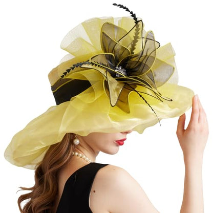Women Organza Church Derby Hat Wide Brim Sun Caps for Wedding Tea Party Hat with Detachable hat Flower as Headgear - color: 10-yellow