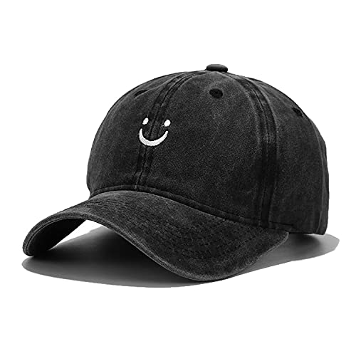 Smile Face Baseball Cap, Vintage Distressed Cotton Dad Hat for Women Men - color: Retro Black