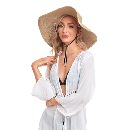 Beach Hats for Women, Straw Sun Hat Floppy Wide Brim, Foldable UPF 50+ UV Protection Summer Hat - color: Khaki