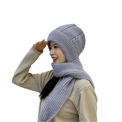 Winter Warm Elastic Soft Ear Protection Knitted Scarf Hat Fleece Lined Beanie Hat - color: H01-grey