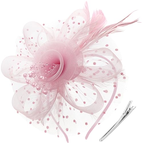 DRESHOW Fascinators Hat Flower Mesh Ribbons Feathers on a Headband and a Clip Tea Party Headwear for Girls and Women - color: 7" Diameter / Dusty Pink