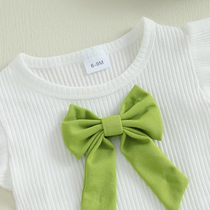 Baby Girls Fly Sleeve 3D Bow Rib Knit Shirt + Irregular Skorts + Beret Hat - color: Green, size: 9-12 Months