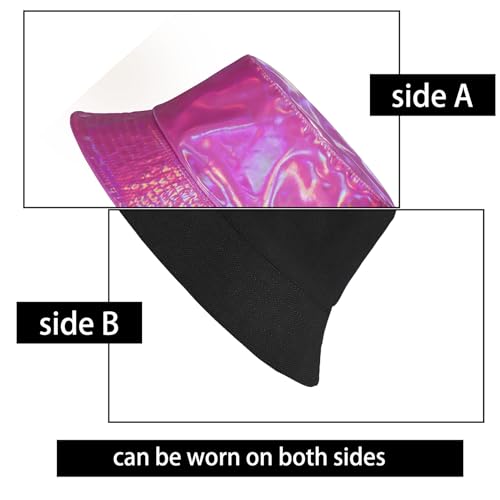 MILAKOO Rave Hologram Metallic Bucket Hat Reversible Cap Reflective Waterproof Rain Fisherman Hat - color: C: Rose Red