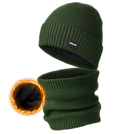 Wmcaps Fleece Lined Beanie Scarf Set, Warm Knit Hat for Men Women - color: Dark Army Green