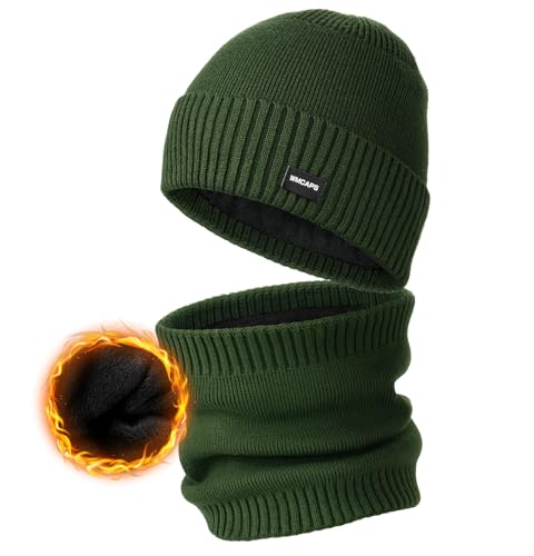 Wmcaps Fleece Lined Beanie Scarf Set, Warm Knit Hat for Men Women - color: Dark Army Green