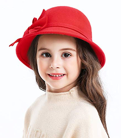 Bienvenu Kids Girls Winter Warm 100% Wool Bucket Hats Fedoras with Bowknot - color: Red