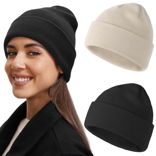 vidsel 100% Cotton Beanie Hat-Unisex Winter Knit Cuffed Beanies Skull Cap - color: 2pcs - Black, Beige
