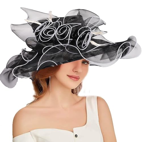 Women Oganza Sun Hat Church Wide Brim Wedding Formal Fascinator Hat - color: Black & White