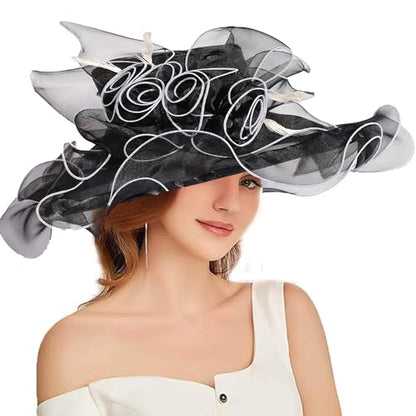 Women Oganza Sun Hat Church Wide Brim Wedding Formal Fascinator Hat - color: Black & White