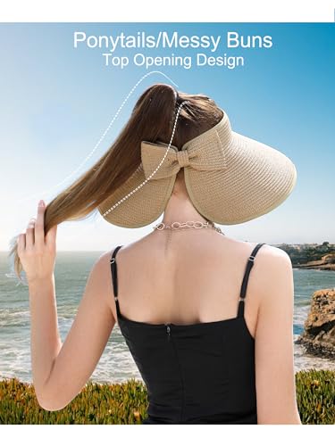 sy soul young Women's Straw Hat with Ponytail Hole Wide Brim Visor Sunhat - color: Khaki