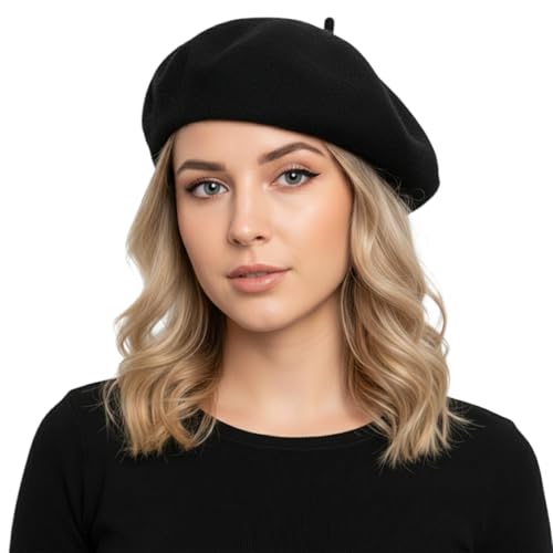 TOPTIE Wool Beret for Women French Style Artist Hat Solid Color Basque - color: Black