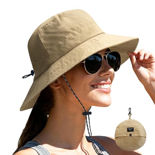 NPJY Packable Sun Bucket Hat for Women Outdoor Waterproof Rain Hat - color: Khaki (Packable)