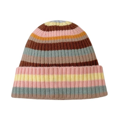 Colorful Striped Beanie Cuffed Winter Soft Rib Knit Hat for Women Men Gift - color: Pink