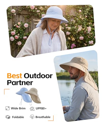 Home Prefer UPF 80+ Sun Hat for Men Women Wide Brim Sun Hat with Neck Flap Summer Beach UV Protection Gardening Fishing Hat - color: Light Grey
